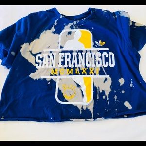 Blue destroyed Warriors crop top.